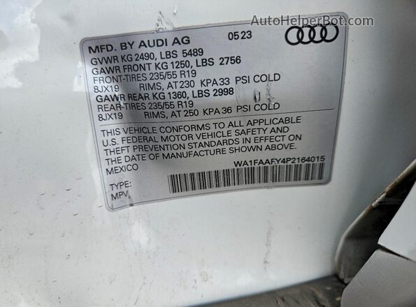 WA1FAAFY4P2164015 2023 AUDI Q5 White VIN կոդի պիտակի տեսք
