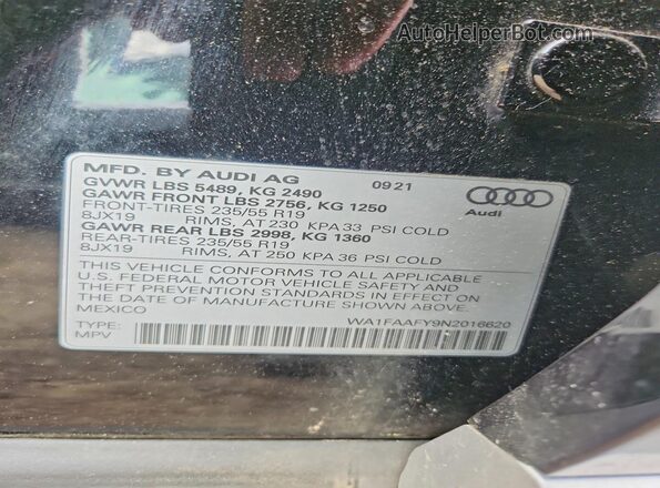 WA1FAAFY9N2016620 2022 AUDI Q5 Black VIN կոդի պիտակի տեսք