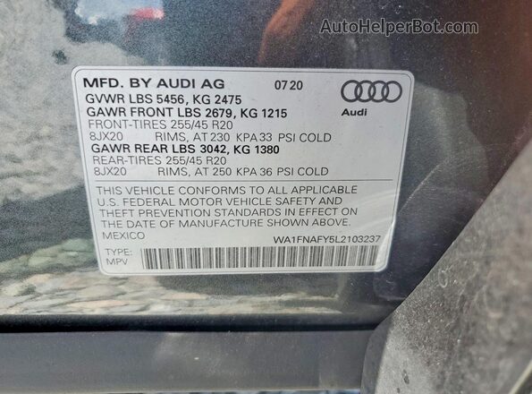 WA1FNAFY5L2103237 2020 AUDI Q5 Серый 