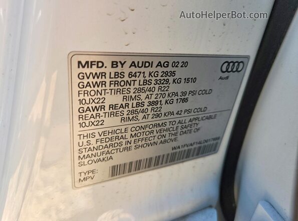 WA1FVAF14LD017859 2020 AUDI Q8 White 