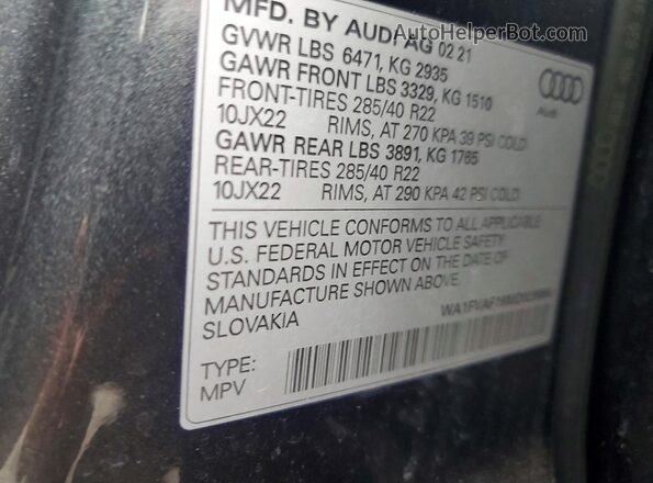 WA1FVAF16MD029884 2021 AUDI Q8 Gray VIN sticker view