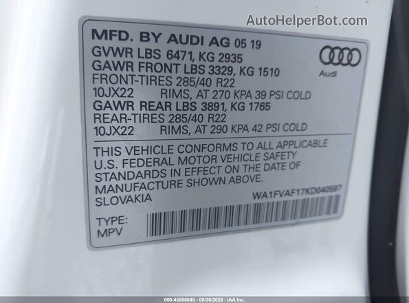 WA1FVAF17KD040597 2019 AUDI Q8 White Engine compartment view