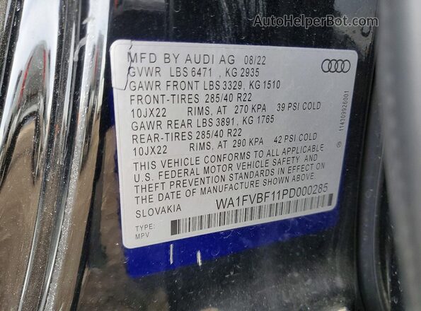 WA1FVBF11PD000285 2023 AUDI Q8 Black Widok naklejki z numerem VIN