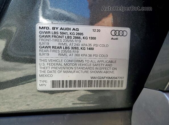 WA1G2AFY0M2047707 2021 AUDI Q5 Gray VIN կոդի պիտակի տեսք