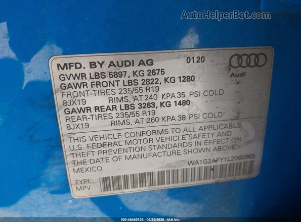 WA1G2AFY1L2060965 2020 AUDI Q5 Blue Widok komory silnika