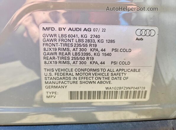 WA1G2BFZ9NP048728 2022 AUDI Q4 Gray Vista de la etiqueta del VIN