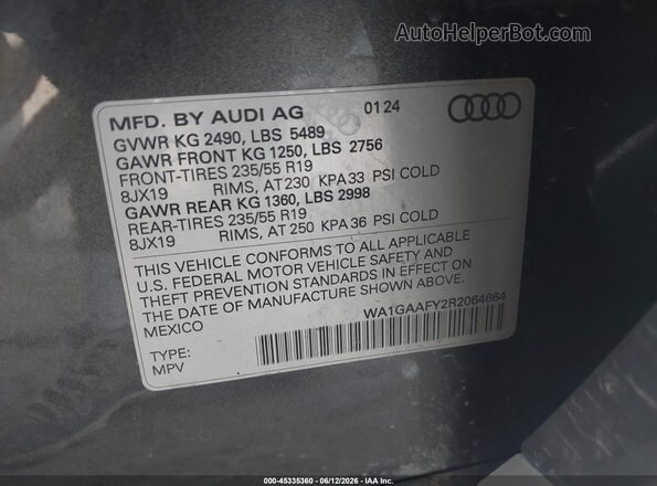 WA1GAAFY2R2064664 2024 AUDI Q5 Gray Vista del compartimento del motor