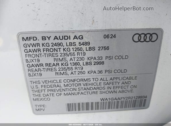 WA1GAAFY2R2129934 2024 AUDI Q5 White Vista del compartimento del motor