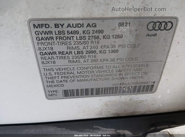 WA1GAAFY6N2002114 2022 AUDI Q5 White ძრავის განყოფილების ხედი