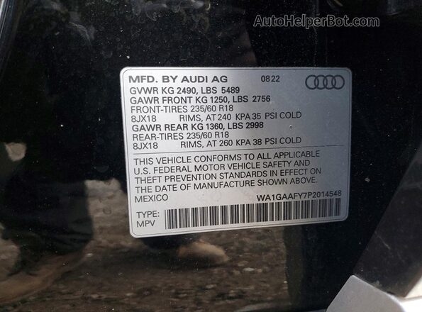 WA1GAAFY7P2014548 2023 AUDI Q5 Black Vista de la etiqueta del VIN