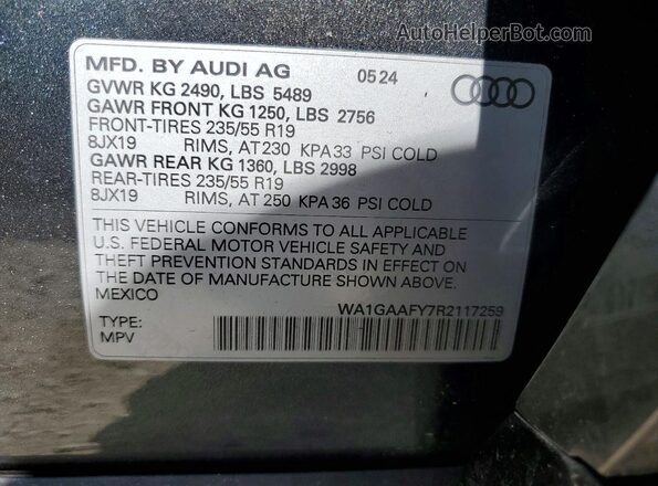 WA1GAAFY7R2117259 2024 AUDI Q5 Gray VIN sticker view