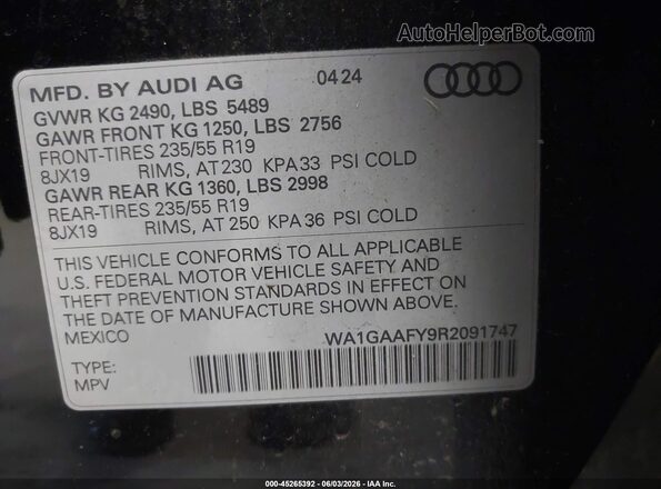 WA1GAAFY9R2091747 2024 AUDI Q5 Черный Вид подкапотного пространства