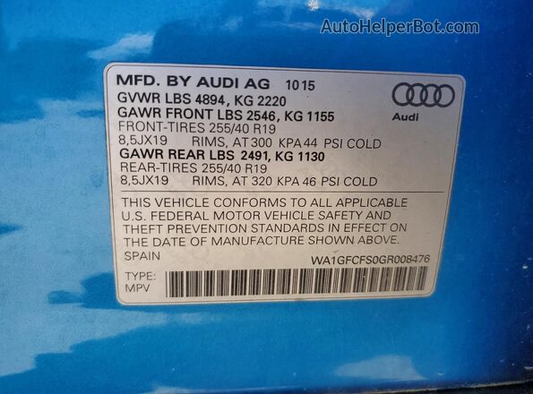 WA1GFCFS0GR008476 2016 AUDI Q3 Blue VIN კოდის სტიკერის ხედი