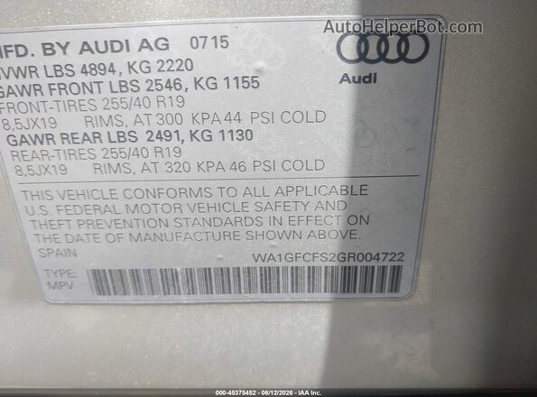 WA1GFCFS2GR004722 2016 AUDI Q3 Silver 