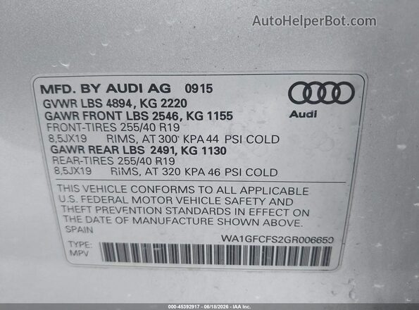WA1GFCFS2GR006650 2016 AUDI Q3 Silver Вид підкапотного простору