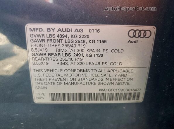 WA1GFCFS9GR016477 2016 AUDI Q3 Blue Widok naklejki z numerem VIN