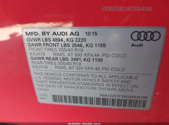 WA1GFCFSXGR009165 2016 AUDI Q3 Red Շարժիչի բաժամունքի տեսք