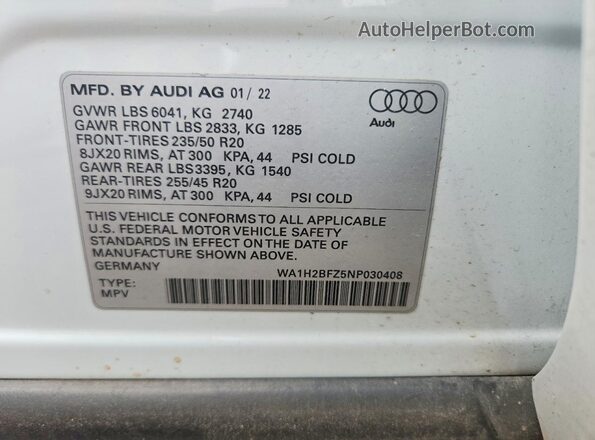 WA1H2BFZ5NP030408 2022 AUDI Q4 White VIN კოდის სტიკერის ხედი