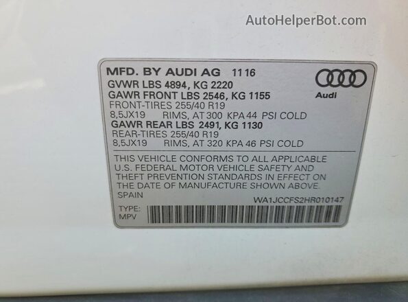 WA1JCCFS2HR010147 2017 AUDI Q3 Белый 