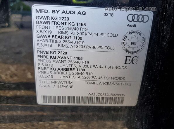 WA1JCCFS2JR028895 2018 AUDI Q3 Black 360 interior view