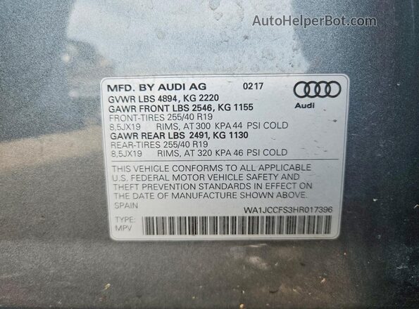 WA1JCCFS3HR017396 2017 AUDI Q3 Gray Widok wnętrza 360 stopni