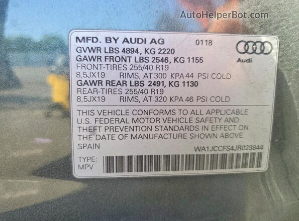 WA1JCCFS4JR023844 2018 AUDI Q3 Gray VIN կոդի պիտակի տեսք