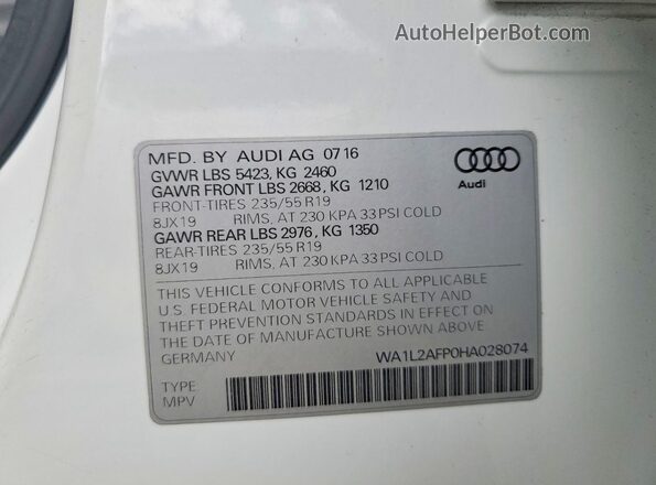 WA1L2AFP0HA028074 2017 AUDI Q5 White VIN կոդի պիտակի տեսք