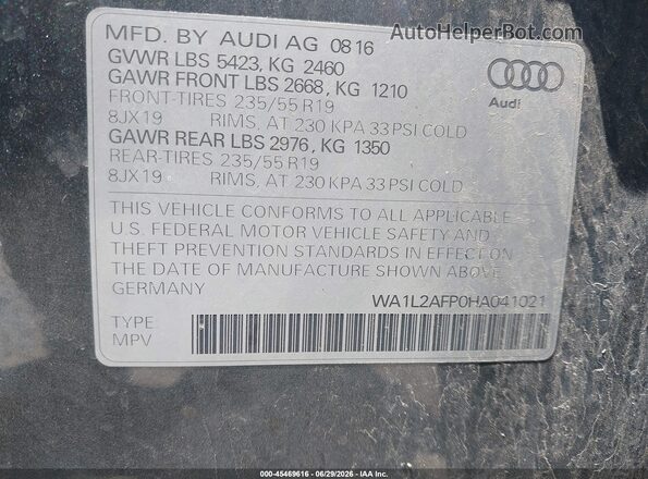 WA1L2AFP0HA041021 2017 AUDI Q5 Gray ძრავის განყოფილების ხედი