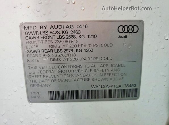 WA1L2AFP1GA138453 2016 AUDI Q5 White Vista de la etiqueta del VIN