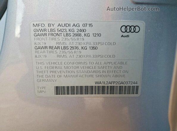 WA1L2AFP2GA037244 2016 AUDI Q5 Silver Вид наклейки з VIN-кодом