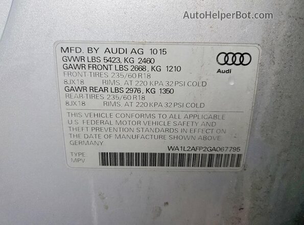 WA1L2AFP2GA067795 2016 AUDI Q5 Silver VIN sticker view