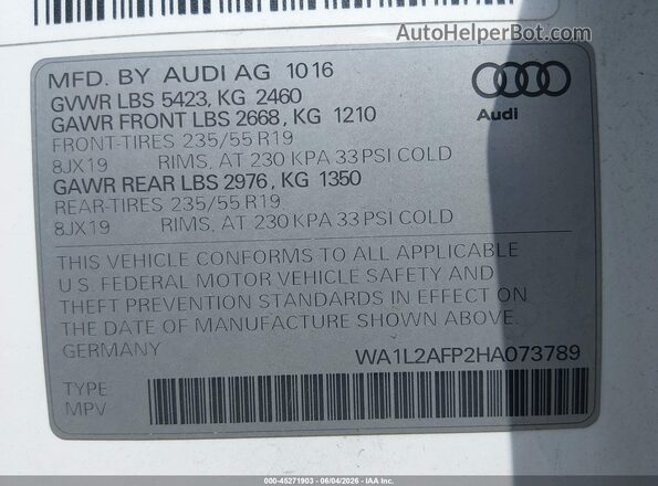 WA1L2AFP2HA073789 2017 AUDI Q5 White 