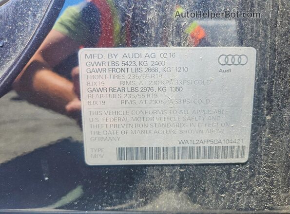 WA1L2AFP5GA104421 2016 AUDI Q5 Blue Vista de la etiqueta del VIN