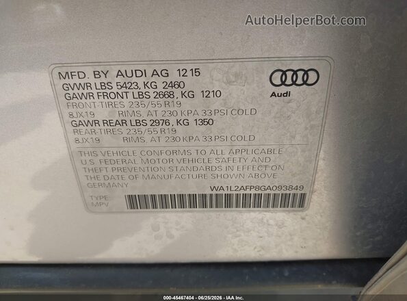WA1L2AFP8GA093849 2016 AUDI Q5 Silver Vista del compartimento del motor