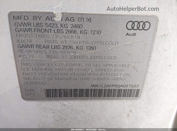 WA1L2AFP9GA097263 2016 AUDI Q5 White Widok komory silnika