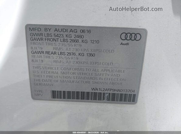WA1L2AFP9HA013704 2017 AUDI Q5 White Շարժիչի բաժամունքի տեսք