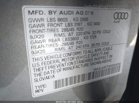 WA1LAAF71HD024262 2017 AUDI Q7 Gray 