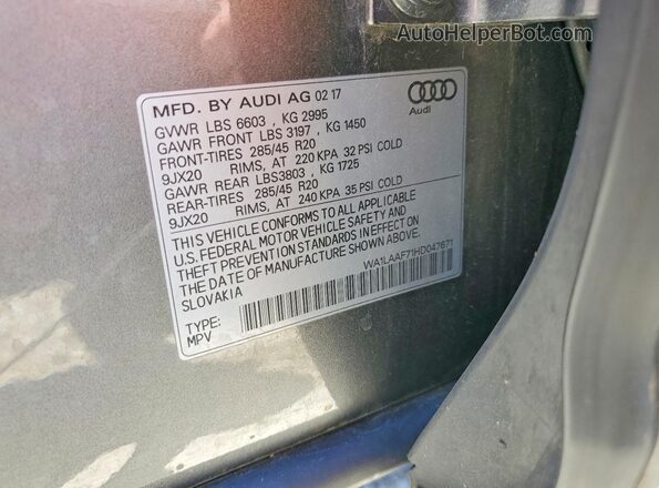 WA1LAAF71HD047671 2017 AUDI Q7 Charcoal VIN կոդի պիտակի տեսք