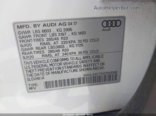WA1LAAF71HD053048 2017 AUDI Q7 White Շարժիչի բաժամունքի տեսք