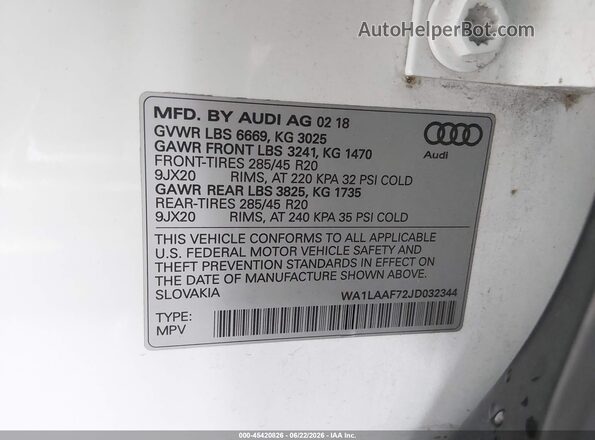 WA1LAAF72JD032344 2018 AUDI Q7 White ძრავის განყოფილების ხედი