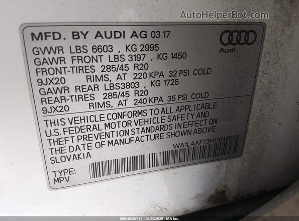 WA1LAAF73HD048028 2017 AUDI Q7 White ძრავის განყოფილების ხედი