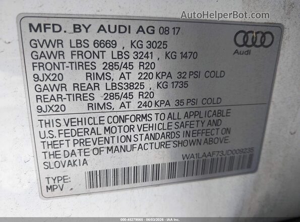 WA1LAAF73JD009235 2018 AUDI Q7 White Շարժիչի բաժամունքի տեսք