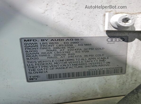 WA1LAAF74HD000506 2017 AUDI Q7 White VIN կոդի պիտակի տեսք