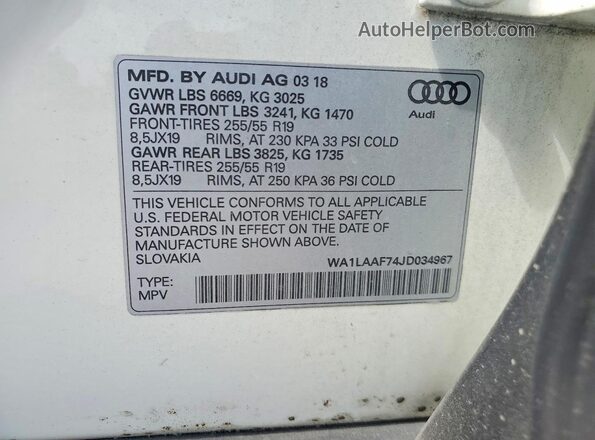WA1LAAF74JD034967 2018 AUDI Q7 White VIN sticker view