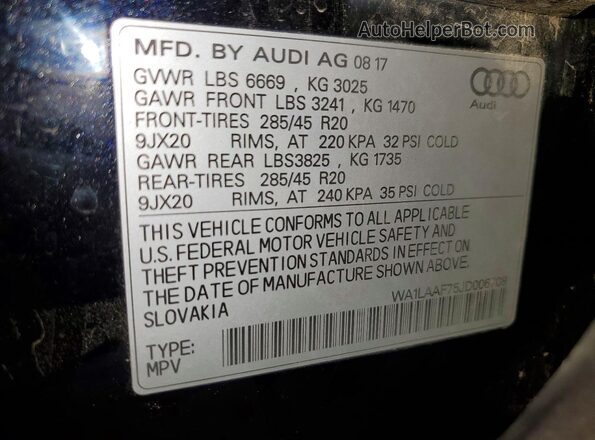 WA1LAAF75JD006708 2018 AUDI Q7 Black VIN կոդի պիտակի տեսք