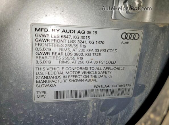 WA1LAAF75KD043775 2019 AUDI Q7 Silver VIN կոդի պիտակի տեսք