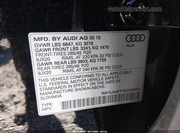 WA1LAAF77KD009403 2019 AUDI Q7 Black Vista del compartimento del motor