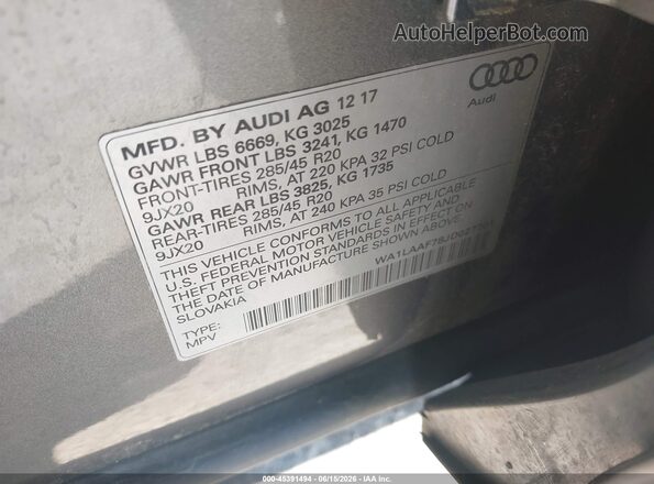 WA1LAAF78JD027701 2018 AUDI Q7 Gray ძრავის განყოფილების ხედი