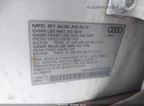 WA1LAAF78KD042152 2019 AUDI Q7 White ძრავის განყოფილების ხედი
