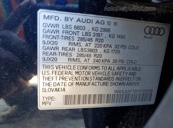 WA1LAAF79HD035106 2017 AUDI Q7 Blue Вид наклейки з VIN-кодом